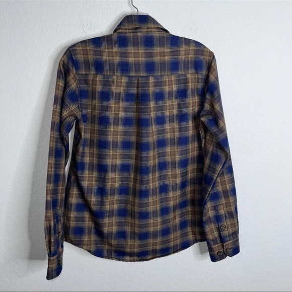Dixxon Shirt Women Medium Plaid Flannel Long Sleeve Brown Blue Button Up  KK - Picture 5 of 8